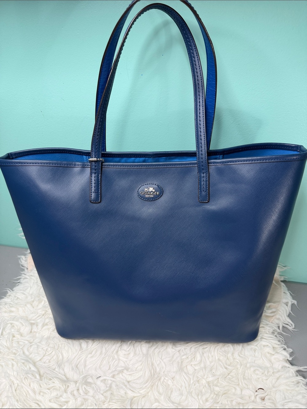 Coach Large Blue Leather Tote with Dual Top Handles